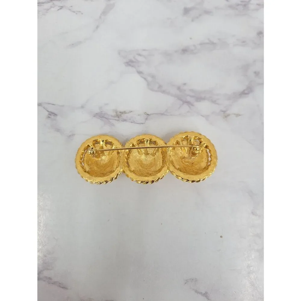 Gold Tone Triple Lion Medallion Trio Brooch or Pin